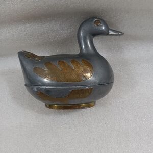 Vintage Pewter And Brass Duck Trinket Box Made In Hong Kong